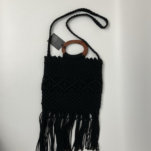 Danielle Nicole Black Macrame Fringe Crossbody Shoulder Bag Boho Cottagecore - Picture 4 of 9
